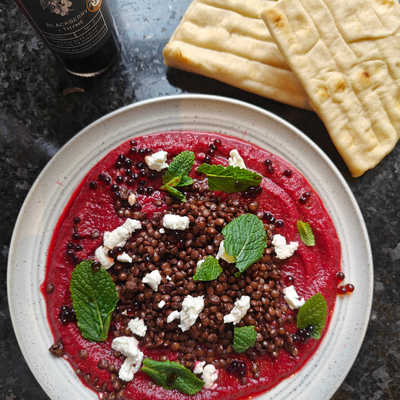 Beetroot, mint and crispy lentil dip